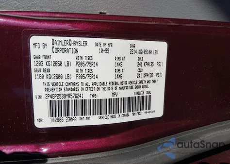 2000 Plymouth Voyager z USA, uszkodzony, nr VIN 2P4GP2539YR576241